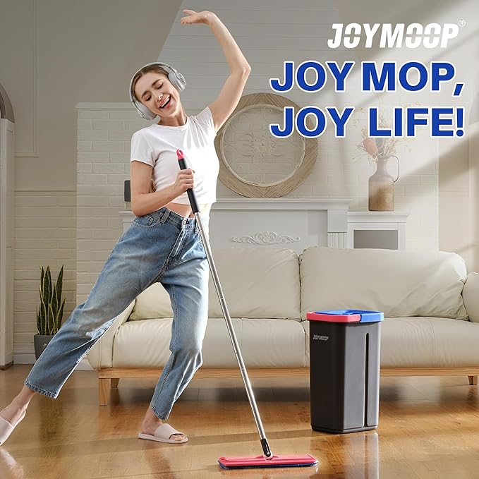 JOYMOOP Mop and Bucket Set for Home, Hands-Free Self-Cleaning System, with 3 Reusable Microfiber Mop Pads, Suitable for Floor Cleaning and Wall Cleaner - Black+Red+Slate Blue