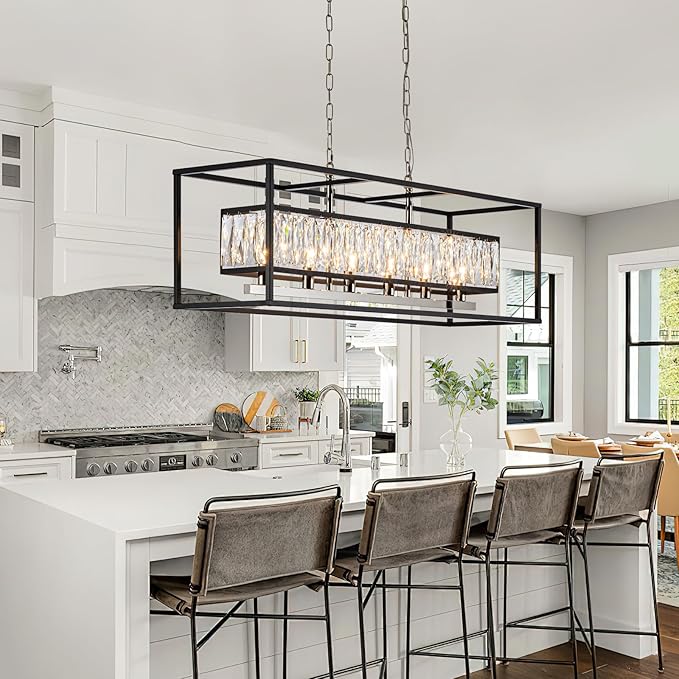 35 Inch Crystal Chandelier for Dining Room Modern Rectangular Chandeliers Over Table 6 Lights Rectangle Ceiling Pendant Lighting for Kitchen Island
