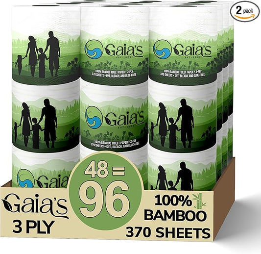 Gaias Premium and Soft Organic Bamboo Toilet Paper | 48 Mega Rolls, 3 Ply, 370 Sheets | FSC Certified, PFAS & BPA Free, Eco-Friendly, Sustainable Tissue - Plastic Free, Septic Safe, Vegan