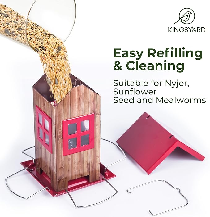 Kingsyard Cute Bird House Feeders for Outside, Hanging Metal Bird Feeder with 4 Ports, Outdoor Garden Yard Decorations for Cardinals Finches Chickadees Goldfinches & Sparrows Birds Watching