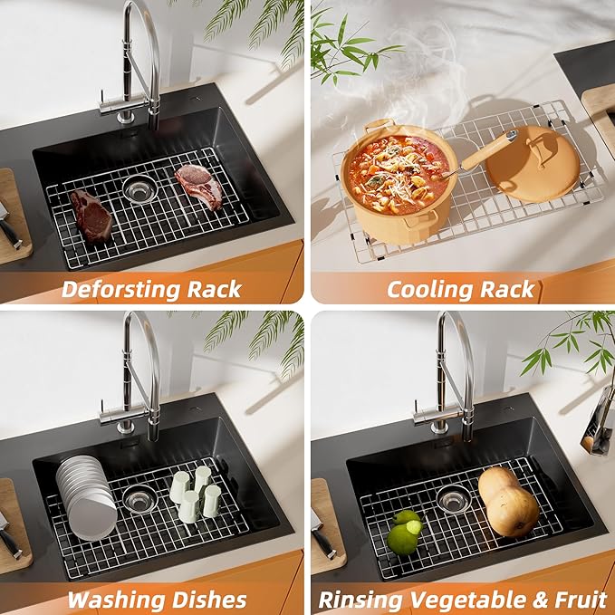 Stainless Steel Sink Rack 26.2" X 14.2",Sink Protector for Kitchen Sink,Sink Grate with Rear Drain Hole for Single Bowl,Metal Sink Grid for Bottom of Sink with Strainer,Corner Radius 0.4",1 Pack