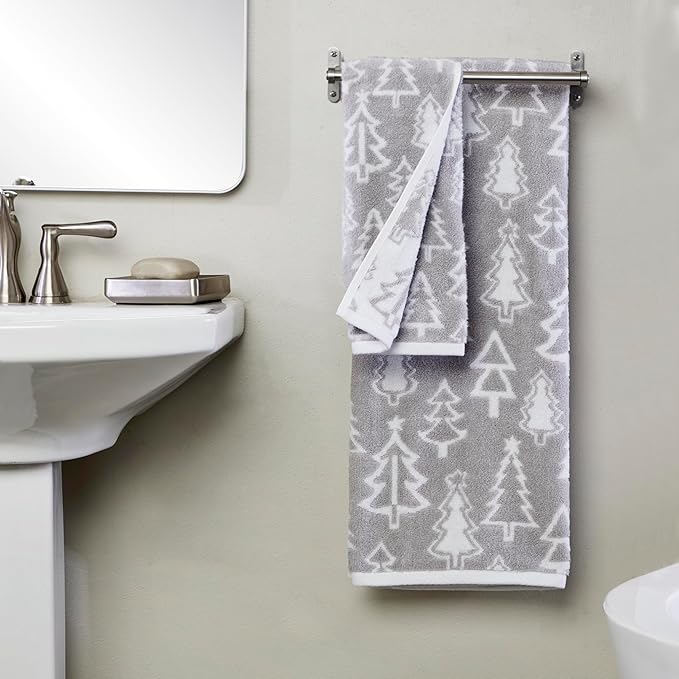 SKL Home Christmas/Winter Mod Tree 100% Cotton Premium Bath Towel, 500 GSM, Soft & Absorbent, Reversible Jacquard, Decorative, Gray