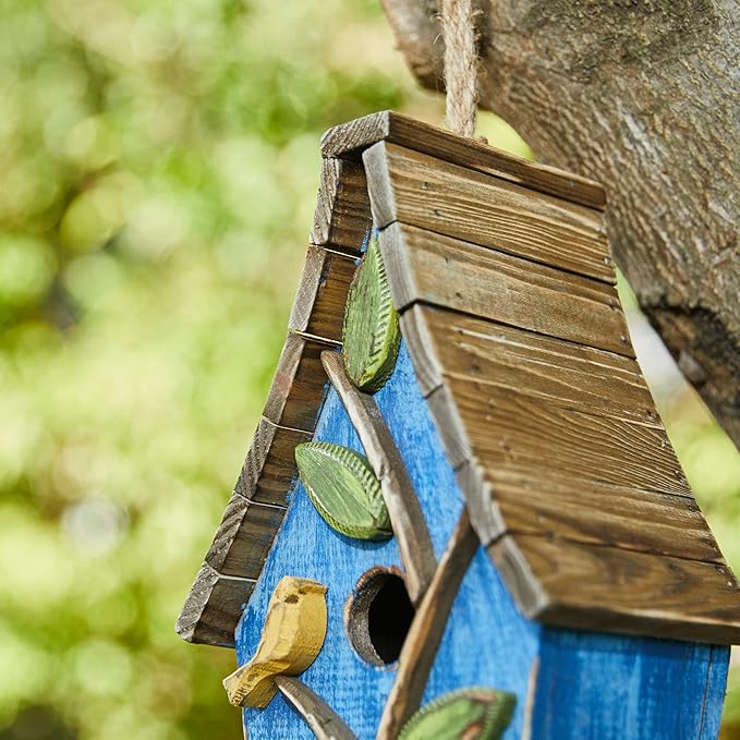 Glitzhome 9.5" H Hanging Bird House for Outdoor Patio Garden Decorative Pet Cottage Distressed Wooden Birdhouse with Natural Wood Slatted Roof and 3D Tree,Washed Blue