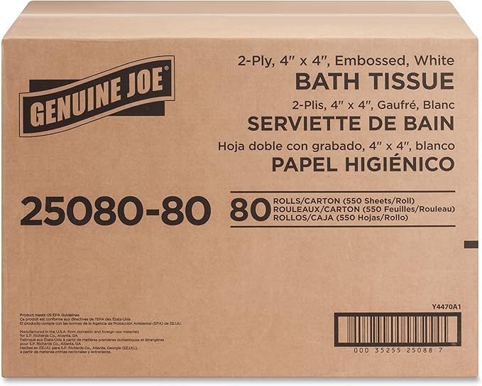 Genuine Joe Standard Bath Tissue, 4" x 4", 2-Ply, 550 Sheets/Roll, 80 Count