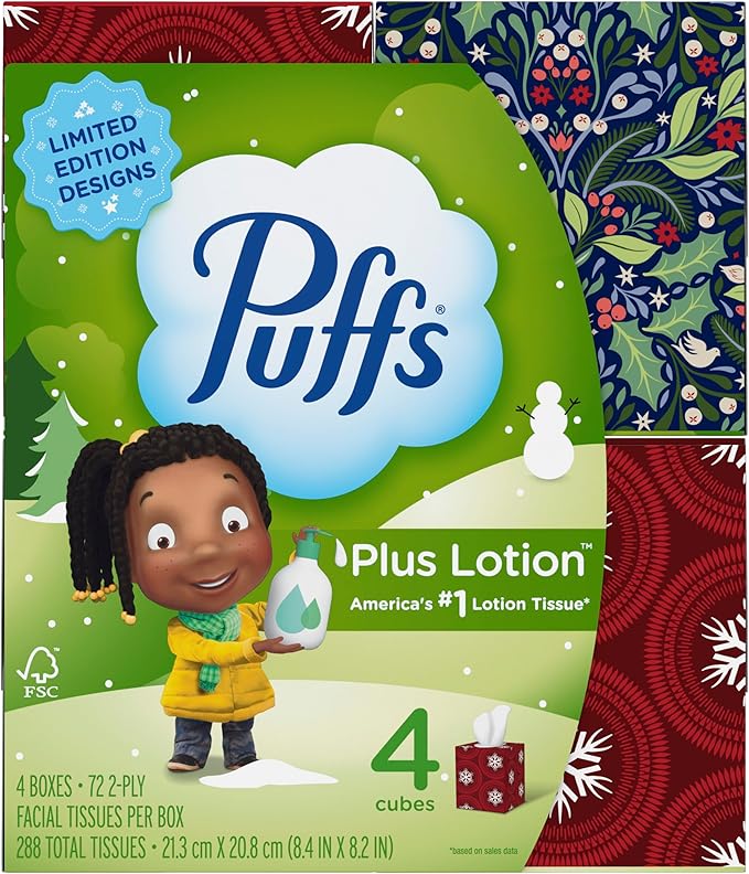 Puffs Plus Lotion Facial Tissue, 4 Mega Cube Boxes, 72 Tissues Per Box