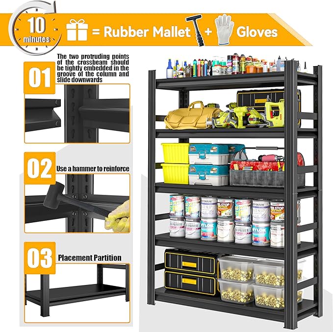 20"D Heavy Duty Garage Shelving, Garage Storage Shelves, 2500 LBS Capacity 5 Tier Adjustable Metal Utility Shelves, Industrial Shelving Unit for Basement and Warehouse, Pantry Closet, Workshop, Black