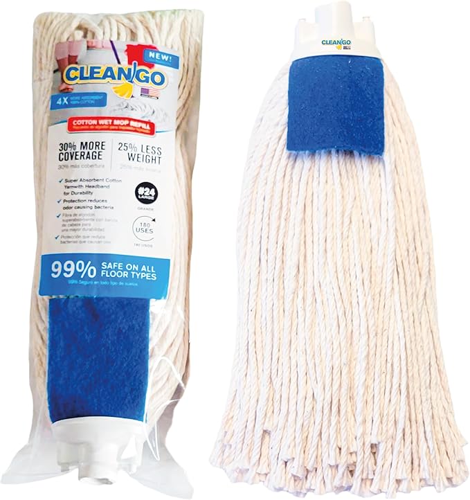 String MOP 100% Cotton, 43" Handle String Mop for Floor Cleaning with Scrubber, Hand Made in the USA for Ecofriendly Cleaning, Ultra Absorbent, Easy to Use and Clean, Machine Washable. (White)
