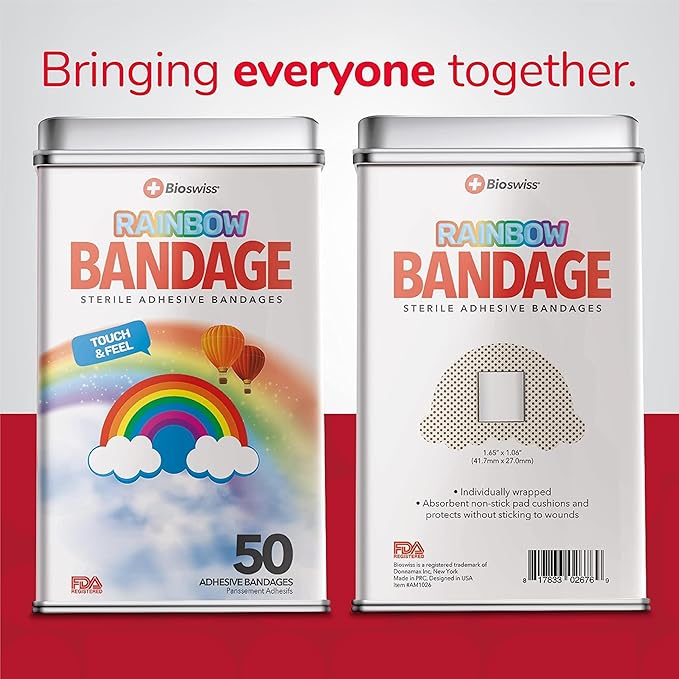 BioSwiss Kids Bandages, Rainbow Shaped Self Adhesive Bandage Set, Latex Free, Sterile Wound Care, 50 Count