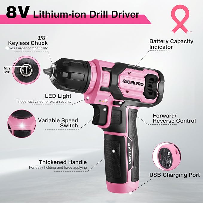 WORKPRO Pink Power Drill Set, 8V Cordless Drill Driver Set with 53pcs Bit Set, 2.0Ah Electric Cordless Drill Kit with 3/8" Keyless Chuck and Variable Speed Trigger, Portable for DIY- Pink Ribbon