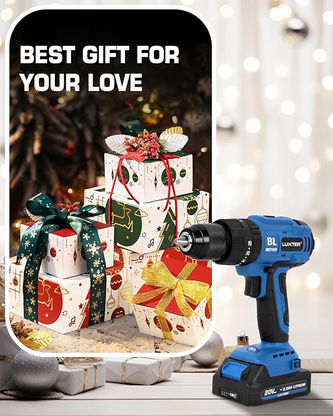 LUXTER 20V Cordless Brushless Drill Set 3/8-Inch Chuck Electric Screwdriver with 2 Variable Speed LED Light 22+1 Torque Setting Electric Drill Kit for Drilling Brick Wall, Metal, Wood Tool