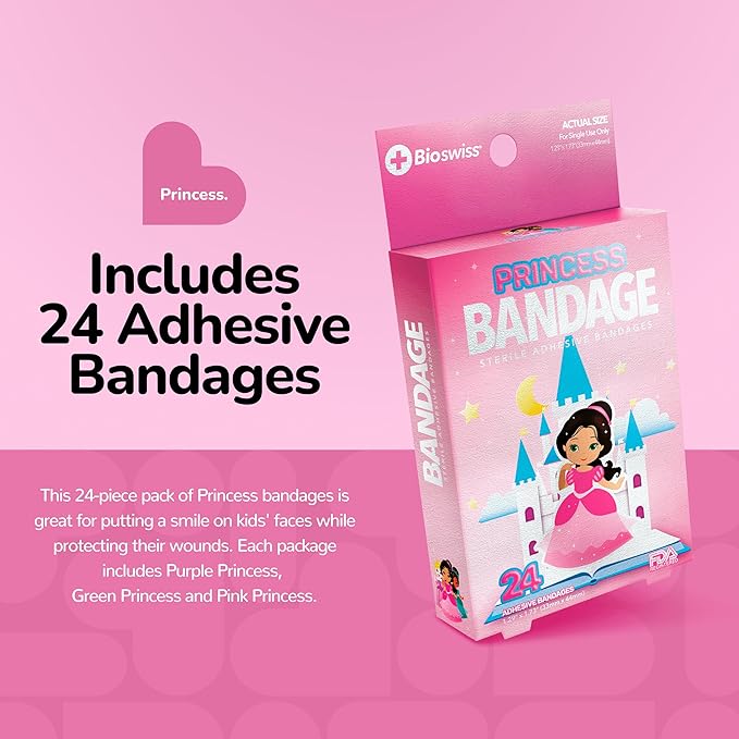 BioSwiss Kids Bandages, Princess Shaped Self Adhesive Bandage Set, Latex Free, Sterile Wound Care, 24 Count