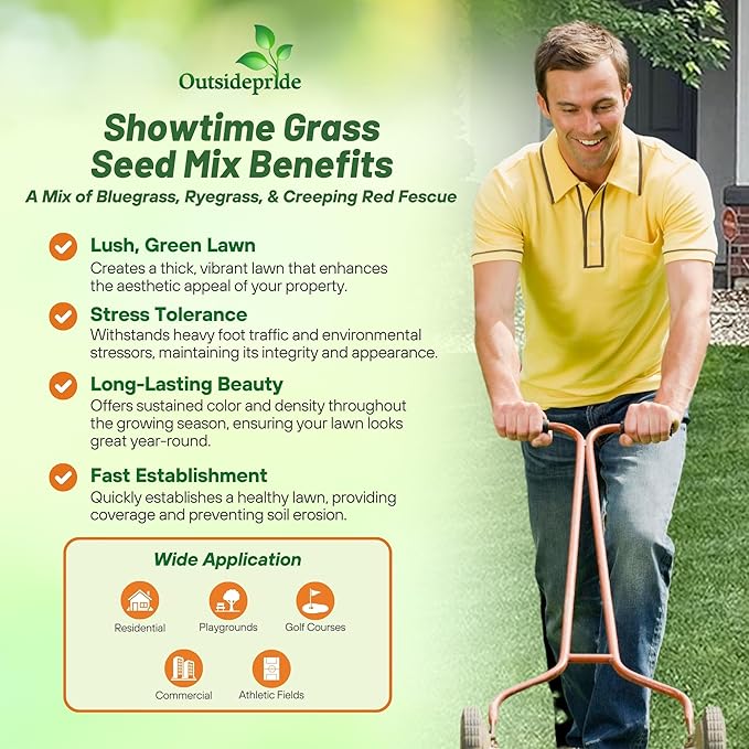 Outsidepride Showtime Perennial Lawn Grass Seed Mix - 10 lbs. Premium Blend of Creeping Red Fescue, Rye Grass & Kentucky Bluegrass Seed for Sports Fields, OptiGrowth Coated for Better Establishment