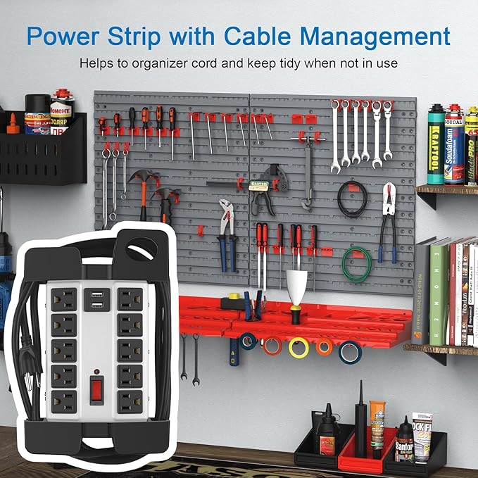 CCCEI Heavy Duty Power Strip with USB Ports, Garage 10 Outlets Surge Protector 2700 Joules, Industrial Workshop Metal 15Amp Multiple Outlets, 15 FT Extension Cord and Wide Spaced Grey.