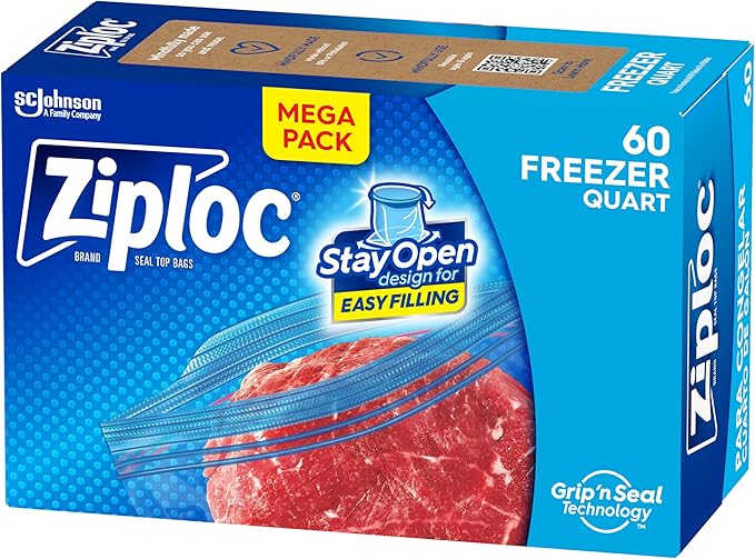 Ziploc Quart Food Storage Freezer Bags, Stay Open Design, Easy to Fill, 60 count (Packaging May Vary)