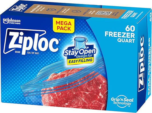 Ziploc Quart Food Storage Freezer Bags, Stay Open Design, Easy to Fill, 60 count (Packaging May Vary)