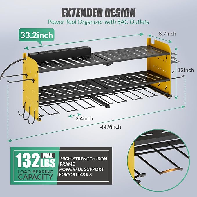 Suchtale Power Tool Organizer Wall Mount,Drill Organizer,33.2" Garage Storage,8 Drill Holders,3 Layers Heavy Duty Metal Shelf with 8 Outlets Power Strip, Christmas Gifts for Dad,Husband,Yellow