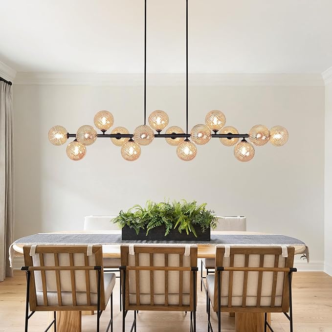 Dining Room Light Fixture, 55" Modern Chandelier Linear Sputnik Chandeliers with Amber Swirled Globe Farmhouse Chandeliers for Dining Room Kitchen island 16 Lights Large Chandelier for High Ceiling