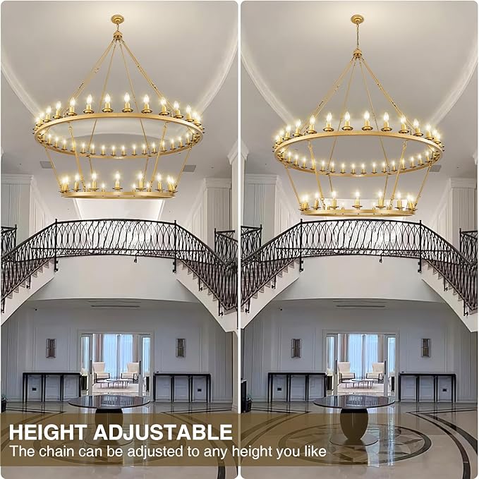 Wagon Wheel Chandelier, 2-Tier 54-Light Gold Extra Large Modern Rustic Farmhouse Chandelier Adjustable Height Light for High Ceiling Living Room, Entryways, Foyer, Dining Room