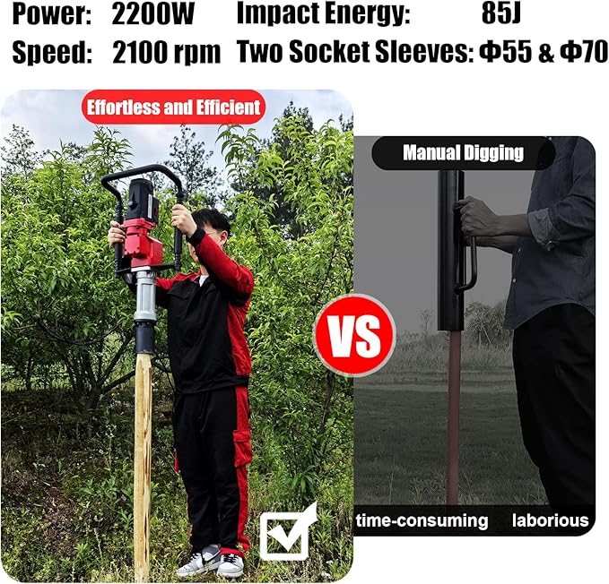 Electric Pile Driver Hammer 2200W Electric T Post Driver, 110V Handheld Pile Driver, 2100 BPM Sufficient Power, Ideal for Fence Post Construction Site, Farm Fences, Forestry Seedlings