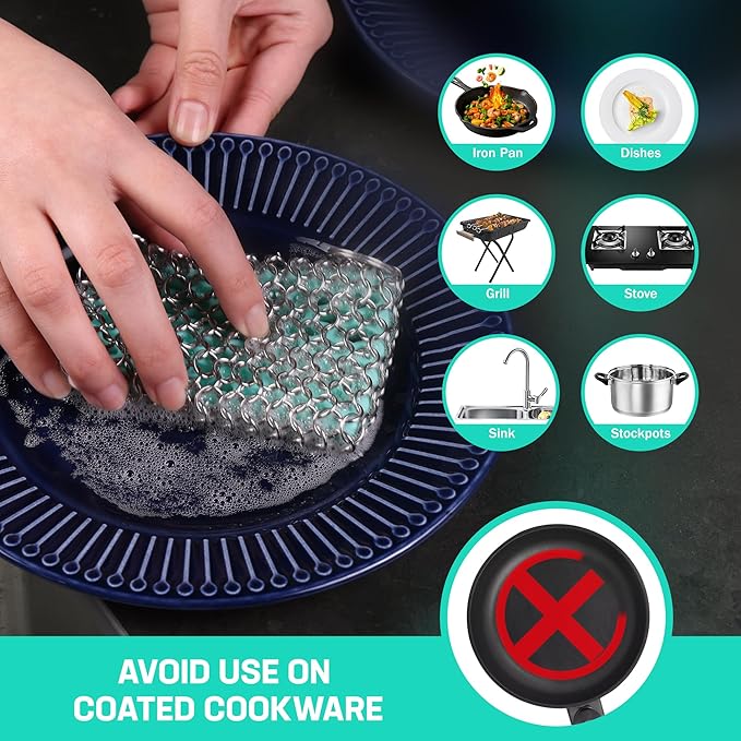HAUSHOF Cast Iron Scrubber, Chainmail Scrubber with Silicone Core, Premium Chainmail Scrubber Sponge for Skillet, Pan, Dutch Oven