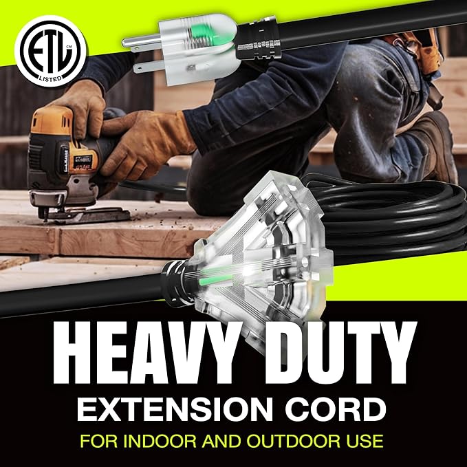 25ft Outdoor/Indoor Extension Cord 3-Outlet 12/3 Gauge Extra Heavy Duty ETL Listed, 3 Prong SJTW, Waterproof, Flexible Cold-Resistant Long Power Cord,15A 125V 1875W, Black by LifeSupplyUSA