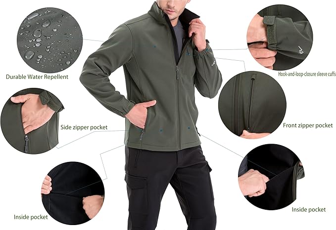 TRAILSIDE SUPPLY CO. Men's Softshell Jacket Fleece Lined Windbreaker,Lightweight Water Resistant Winter Coat