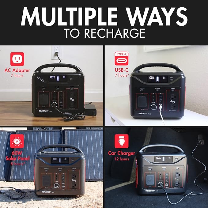 Tenergy T600 Portable Power Station, 600Wh Battery, 3x 500W (Peak 1000W) AC Outlets, USB type C PD 100W, Solar Ready Mobile Power for Outdoors Camping Vans, RV, Emergency Backup