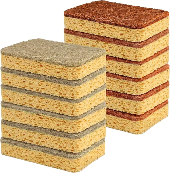 Natural Sponges for Dishes - Natural Dish Sponge, Palm Fiber Scrubbing Sponge with Non Scratch Biodegradable Sponges 12 Pack