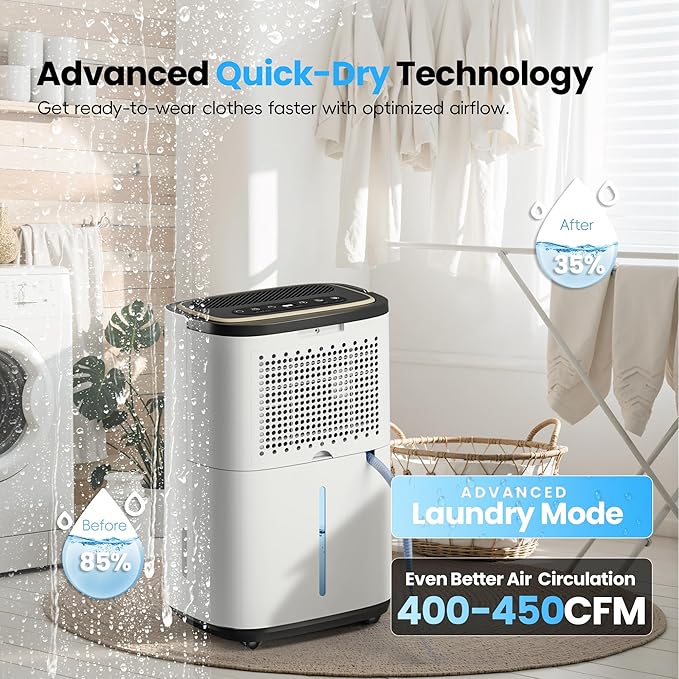 5000 Sq.Ft Dehumidifier, 50PT/24H Dehumidifiers with Drain Hose for Basement, Large Compressor Dehumidifier for Basement/Laundry/Bedroom/Office, Dehu/Dry/Air Mode, Humidity Display/Timer/Child Lock