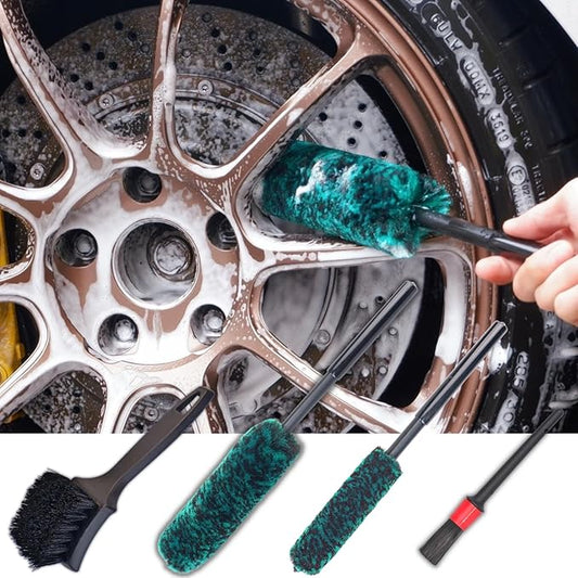 Wheel Brushes for Cleaning Wheels (4 Pro Pack)- 2X Soft Wheel Cleaning Woolies Brush, Detailing Brush and Stiff Tire Brush, Scratch Free Durable Car Wheel Rim Brush Kit for Car Rim and Tire Detailing