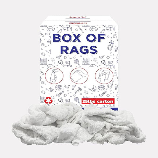 Recycled White Terry Cloth Rags (25 lbs. Box) - High Absorbent Terry Towel Cleaning Rags for Cleaning House, Industrial & Workshops, Bulk Shop Rag