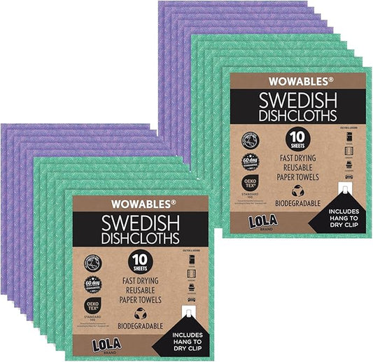 LOLA Swedish Dishcloths 20 Pk Biodegradable Reusable Paper Towels Absorbent Cellulose Kitchen Sponge Cloths Zero Waste Odor Free, Made in Germany