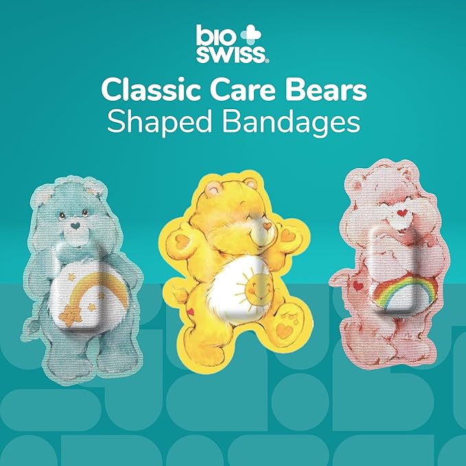 BioSwiss Care Bears Kids Bandages, Classic Care Bear Shaped Self Adhesive Bandage Set, Latex Free, Sterile Wound Care, 50 Count