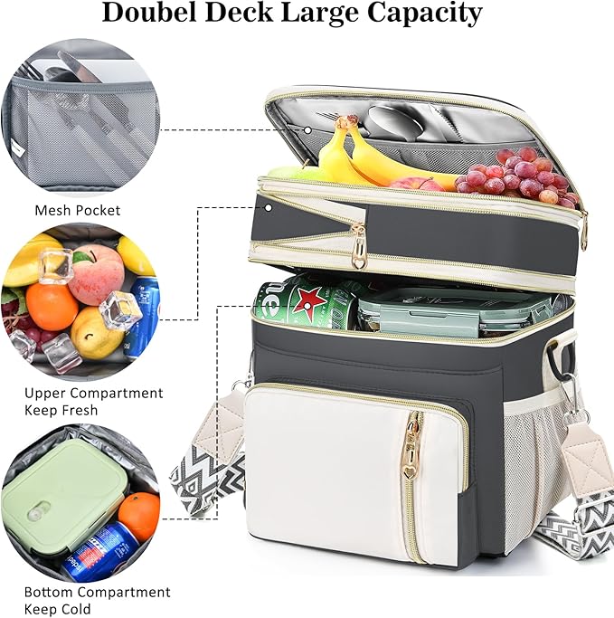 LOKASS Lunch Bag& Lunch Box for Men Women Double Deck,Large Insulated Adult Lunch Box Leakproof Lunchbox Cooler Bag for Work Picnic Beach,（Gray&White）