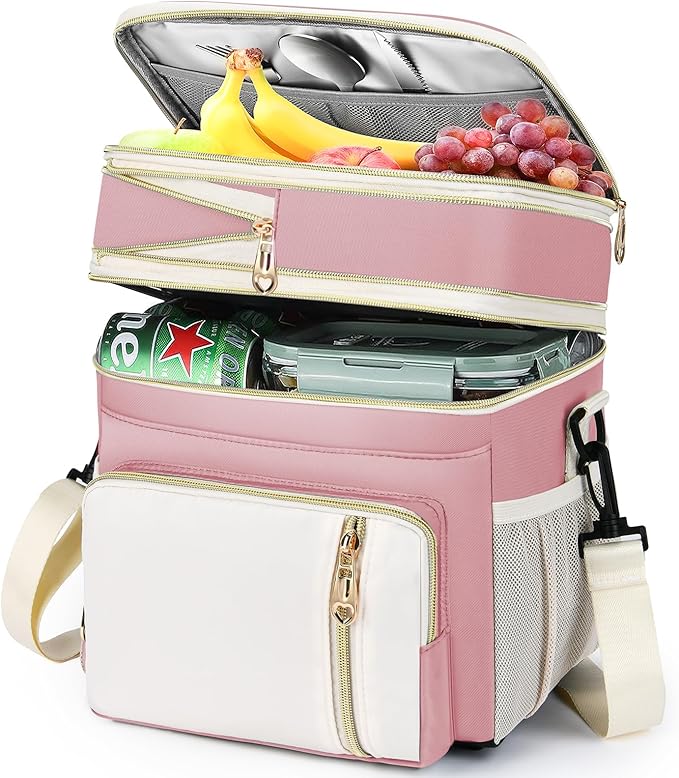 LOKASS Expandable Lunch Box for Women | Adult Lunchbag Cooler Tote Bag with Adjustable Shoulder Strap | Insulated Reusable Womens Lunch Bags for Work Camping Beach | 16L, Pink