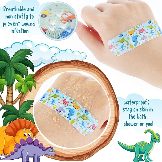 Patelai 300 Pieces Kids Bandages Bulk 10 Styles Children's Adhesive Flexible Colorful Cute Cartoon Bandages Waterproof Breathable Stickers Protection Care Cuts for Girls Boys(Dinosaur)