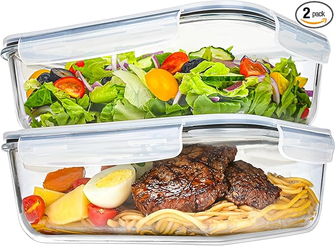 2Pack 9.8 Cups/ 78 Oz Large Glass Food Storage Containers with Lids, Glass Meal Prep Containers with Airtight Lids - BPA Free, Leakproof, Ideal for Food Storing/Serving, Microwave/Oven Safe