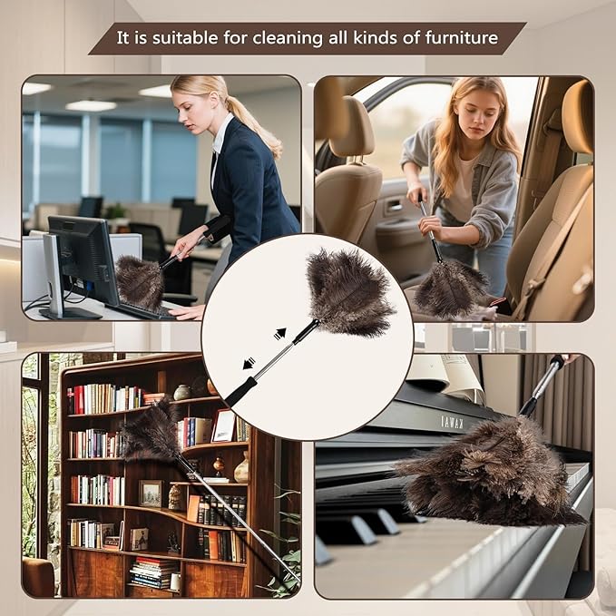 Telescopic Ostrich Feather Duster, 59-inch Naturally Fluffy Long-Handled Feather Duster, Soft, Durable and Reusable for Cleaning high Ceilings, Walls, Fans, Furniture and Blinds in The Home Office