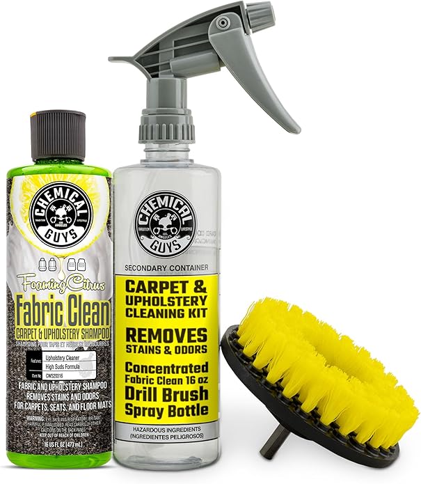 Chemical Guys CWS203 - HOL315 Foaming Citrus Fabric Clean, Easy-to-Use Drill Brush Carpet & Upholstery Fabric Cleaning Kit (Car Carpets, Seats & Floor Mats), 16 fl oz, Citrus Scent