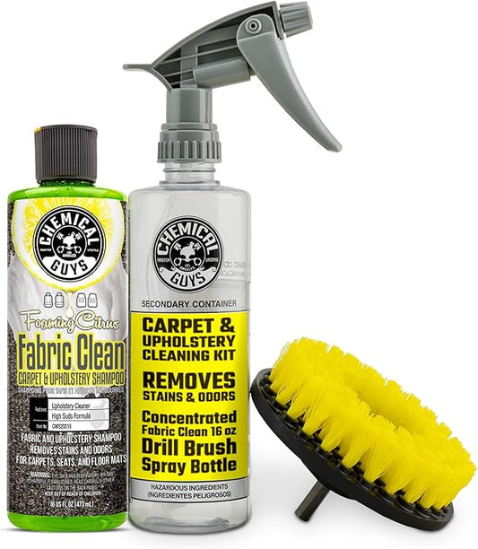 Chemical Guys CWS203 - HOL315 Foaming Citrus Fabric Clean, Easy-to-Use Drill Brush Carpet & Upholstery Fabric Cleaning Kit (Car Carpets, Seats & Floor Mats), 16 fl oz, Citrus Scent