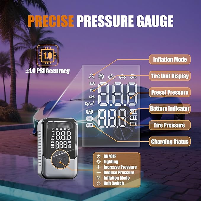 Cordless Portable Tire Inflator, Fast with Digital Pressure Gauge, Emergency LED Light for Car/Motorcycle/Bike/Inflatables, 150PSI Rechargeable & 12V DC Dual Mode