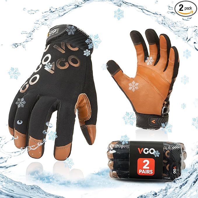 Vgo... 2-Pairs -4? or above 3M Thinsulate C100 Winter Warm Waterproof Light Duty Mechanic Glove, High Dexterity, Anti-abrasion, Rigger Glove (Size M, Black&Brown, GA9603FW)