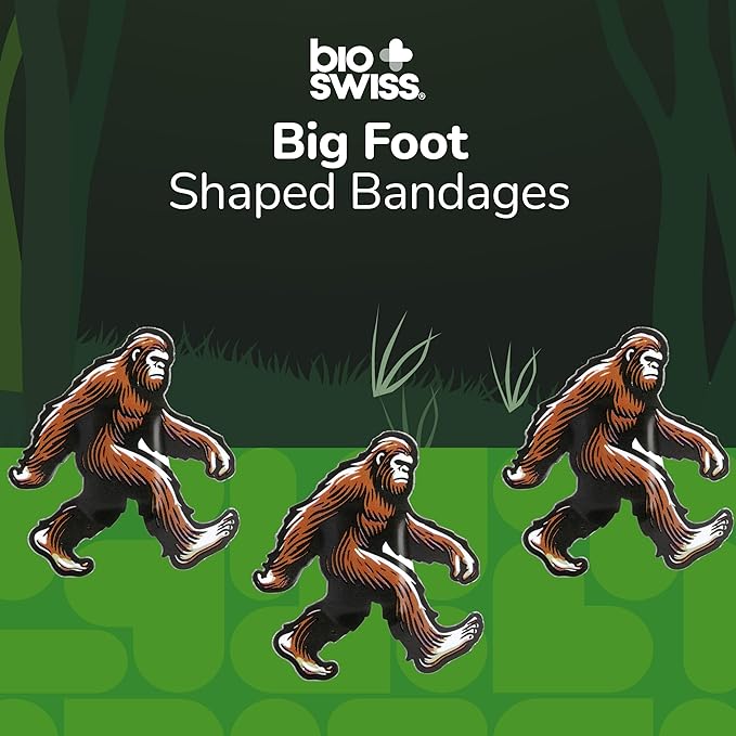 BioSwiss Kids Bandages, Bigfoot Shaped Self Adhesive Bandage Set, Latex Free, Sterile Wound Care, 24 Count
