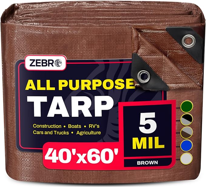 40' x 60' Brown Tarp with Grommets Reinforced - 5 Mil Thick - Durable UV Resistant Plastic Tarps Waterproof - Large Tarpaulin Cover for Outdoor Camping Over/Under Tent Tarp RV Roof Rain - Zebro