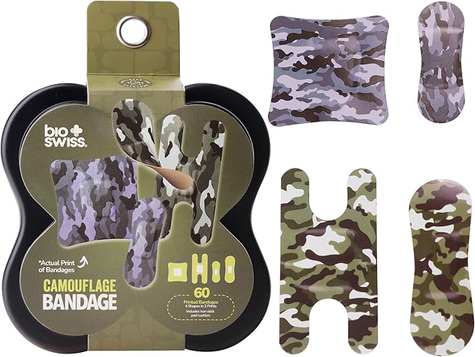 BioSwiss Kids Bandages, Assorted Size Camouflage Print Shaped Self Adhesive Bandage Set, Latex Free, Sterile Wound Care, 60 Count