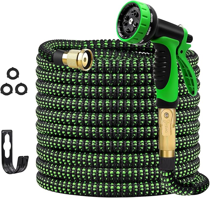 50 FT Expandable Garden Hose, Water Hose with 10-Function High-Pressure Spray Nozzle, Heavy Duty Flexible Hose, 3/4" Solid Brass Fitting