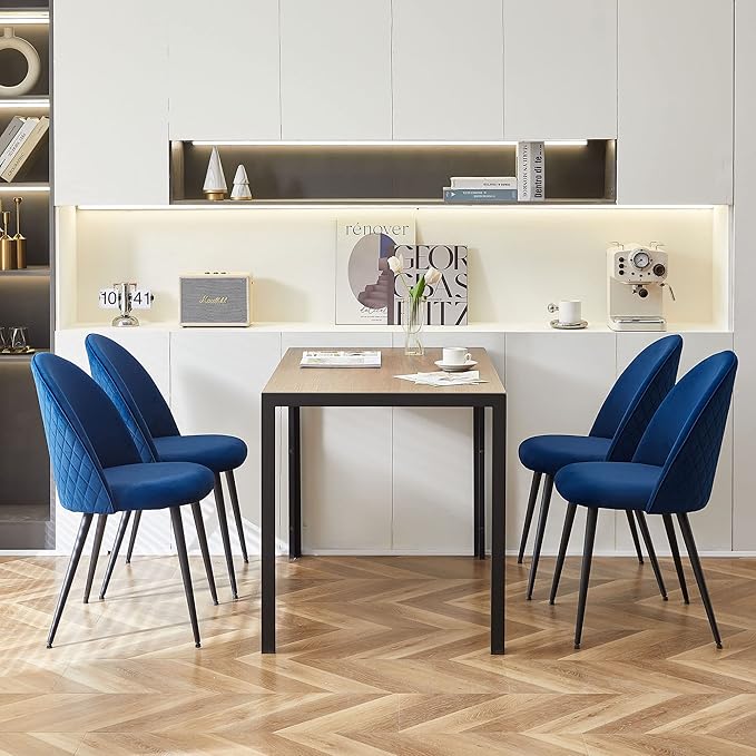 Dining Chair Set of 4 - Simple Design, Comfortable Velvet Upholstered Chairs with Stainless Metal Legs for Dining Table and Living Room, Navy Blue