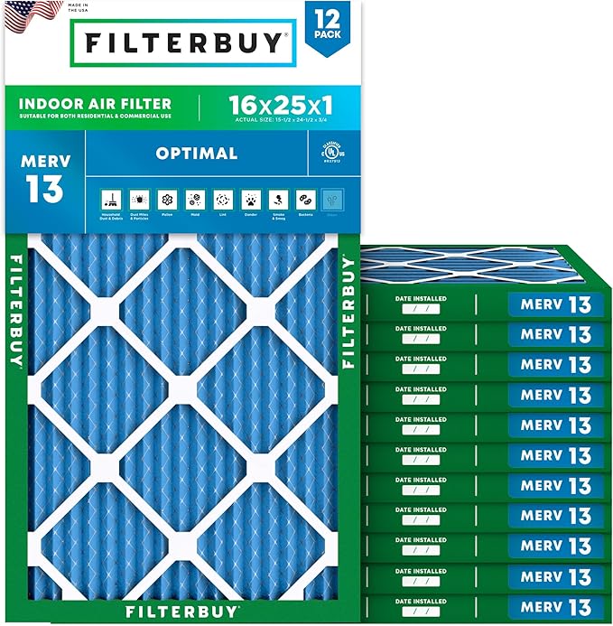 Filterbuy 16x25x1 Air Filter MERV 13 Optimal Smoke & Allergy Defense (12-Pack), Electrostatic Pleated HVAC AC Furnace Filters Replacement, Made in USA (Actual Size: 15.50 x 24.50 x 0.75)