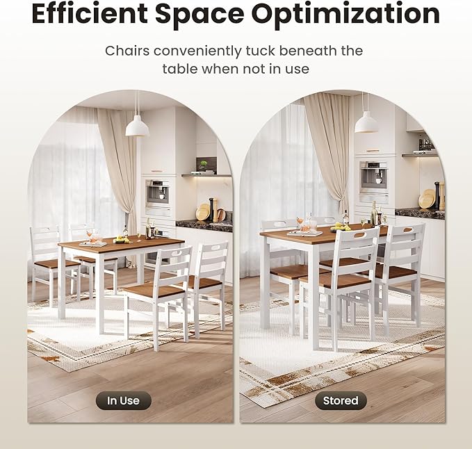 PHI VILLA Dining Table Set for 4, Classic Farmhouse Kitchen Table with 4 Chairs with Built-in Handle, Solid Wood Rectangle Dinner Table Set, American Walnut& White