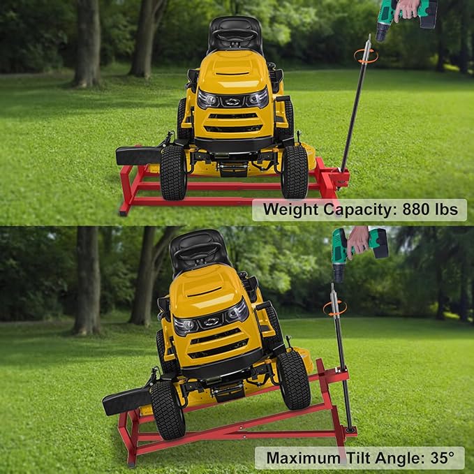 Lawn Mower Lift Jack, 880 lbs Capacity Lifting Jack for Garden Tractors, Riding Lawn Mower Maintenance Lift with Hand Crank and Power Extension Handle, Telescopic Maintenance Jack, Red